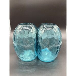 Hand Blown Glass Bookend Vase Set Blue Dot Optic Handmade 5‎ inch